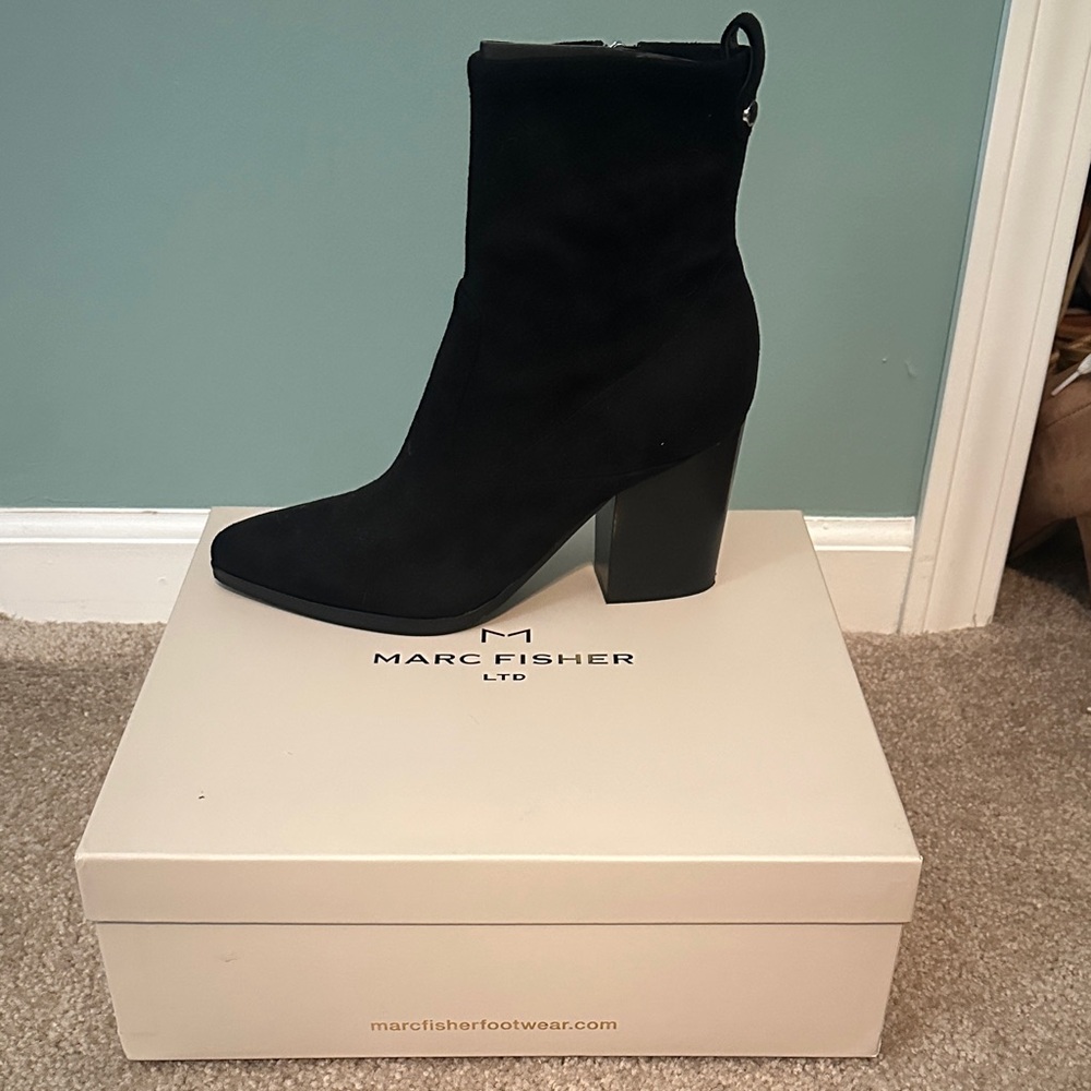 Marc Fisher Black Suede Pointed Toe Block Heel Ankle Boot